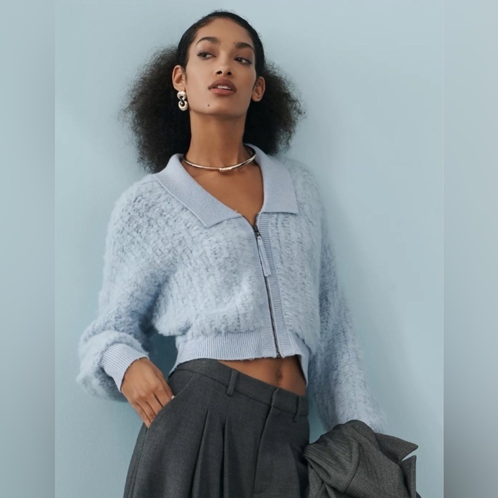 By Anthropologie Zip-Up Brushed Sweater Cardigan Blue